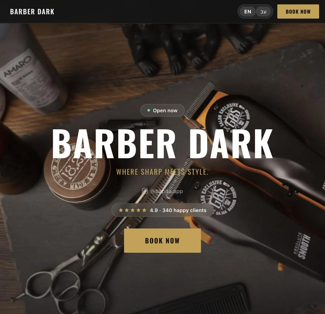 A booking website we built: the business name, its rating, and a Book now button.