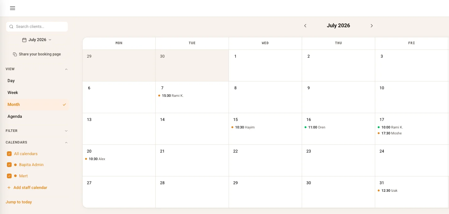 The owner dashboard: a month of bookings, with a calendar per member of staff.