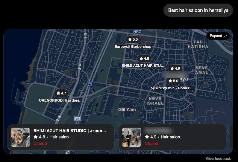 ChatGPT recommending Shimi Azut Hair Studio as a top hair salon in Herzliya